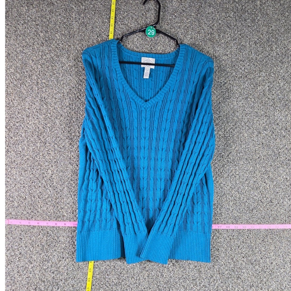 St. John's Bay Sweater Womens 1X Teal Cable Knit V-Neck Long Sleeve Cotton Blend